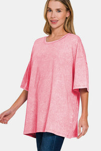 Washed Round Neck Drop Shoulder Oversized T-Shirt in Pink