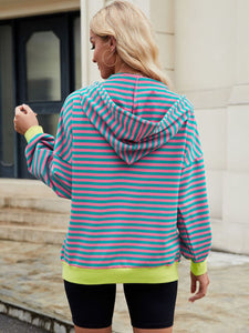 Drawstring Striped Zip Up Long Sleeve Hoodie (multiple color options)