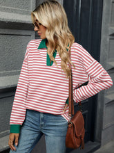 Load image into Gallery viewer, Striped Johnny Collar Long Sleeve Sweatshirt (multiple color options)
