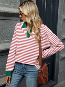 Striped Johnny Collar Long Sleeve Sweatshirt (multiple color options)