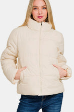 Load image into Gallery viewer, Zip Up Turtleneck Puffer Jacket with Pockets in Cream
