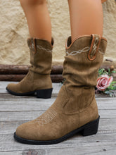 Load image into Gallery viewer, Embroidered Point Toe Block Heel Boots  (multiple color options)
