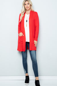 Open Front Cardigan with Pockets in Coral