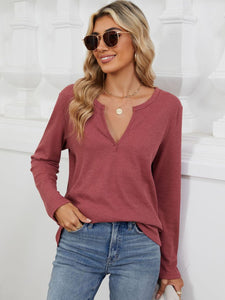 Waffle-Knit Notched Long Sleeve Top (multiple color options)