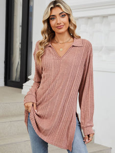 Slit Johnny Collar Long Sleeve Top (multiple color options)