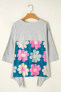 Slit Floral V-Neck Three-Quarter Sleeve Top (2 color options)