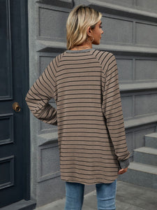 Pocketed Striped Round Neck Long Sleeve T-Shirt (multiple color options)