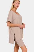 Load image into Gallery viewer, V-Neck Short Sleeve Slit T-Shirt and Shorts Set in Ash Mocha
