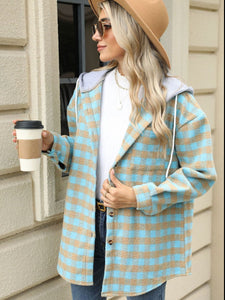 Drawstring Plaid Long Sleeve Hooded Jacket (multiple color options)