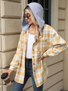 Drawstring Plaid Button Up Hooded Jacket (multiple color options)