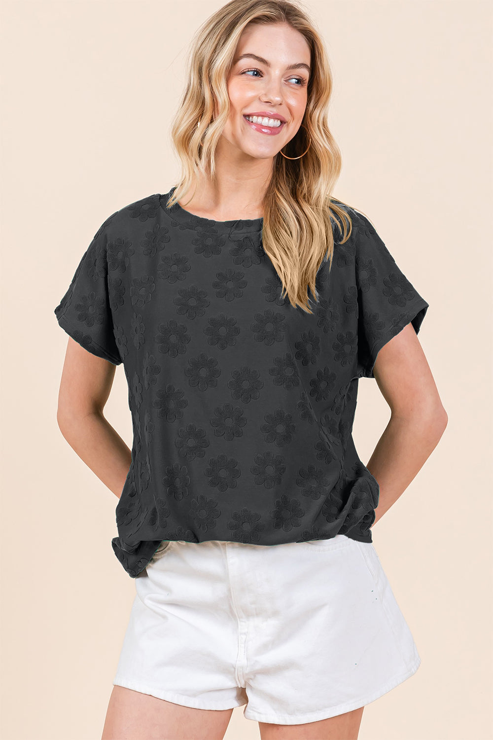 Textured Floral Pattern Short Sleeve T-Shirt in Black