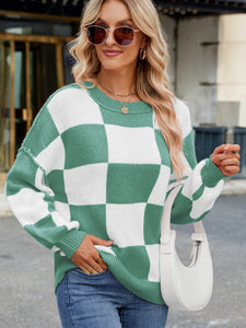 Checkered Round Neck Long Sleeve Sweater (multiple color options)