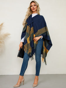 Fringe Contrast Plaid Poncho (multiple color options)