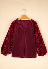 Load image into Gallery viewer, Sequin Notched Long Sleeve Blouse (2 color options)
