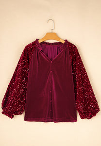 Sequin Notched Long Sleeve Blouse (2 color options)