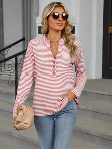 Striped Notched Long Sleeve Top (multiple color options)