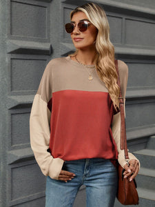 Contrast Round Neck Long Sleeve Top (multiple color options)