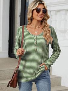 Striped Half Button Long Sleeve Top (multiple color options)