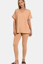 Load image into Gallery viewer, V-Neck Rolled Short Sleeve T-Shirt and Leggings Lounge Set in Dark Brush
