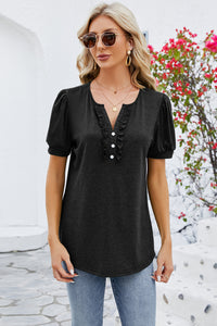 Frill Notched Short Sleeve Blouse (multiple color options)