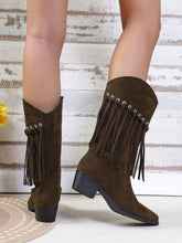 Load image into Gallery viewer, Fringe Suede Point Toe Block Heel Boots  (2 color options)
