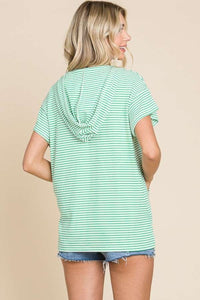 Striped Short Sleeve Hooded Top in Candy Green