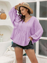 Load image into Gallery viewer, Swiss Dot Tie Neck Long Sleeve Blouse in Pinkish Purple
