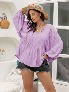 Swiss Dot Tie Neck Long Sleeve Blouse in Pinkish Purple