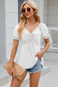 Eyelet Drawstring Short Sleeve Top  (multiple color options)