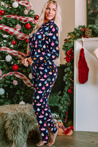 Christmas Lights Print Collared Neck Top and Pants PJ Set