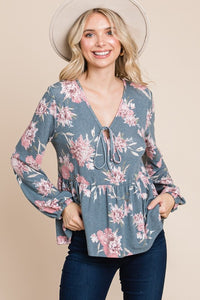 Babydoll Floral Long Sleeve Blouse in Blue