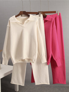 Johnny Collar Long Sleeve Top and Pants Sweater Set (multiple color options)