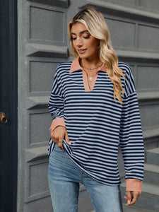 Striped Johnny Collar Long Sleeve Sweatshirt (multiple color options)