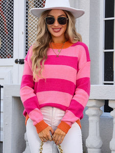 Contrast Striped Round Neck Sweater (multiple color options)