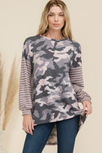 Load image into Gallery viewer, Camo Print High-Low T-Shirt with Stripe Sleeves
