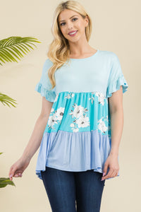 Floral Color Block Ruffled Short Sleeve Top (2 color options)