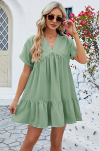 Ruched Tiered V-Neck Short Sleeve Mini Dress (multiple color options)