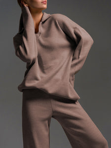 Johnny Collar Long Sleeve Top and Pants Sweater Set (multiple color options)