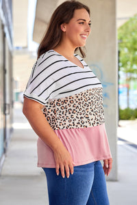 Striped Leopard Round Neck Half Sleeve T-Shirt