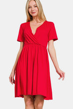 Load image into Gallery viewer, Surplice Short Sleeve Brushed DTY Dress in Red
