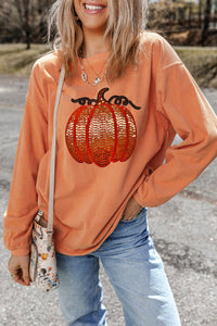 Sequin Pumpkin Round Neck Long Sleeve Sweatshirt (2 color options)