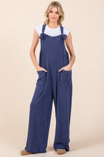 Load image into Gallery viewer, Knot Straps Wide Leg Ribbed Overalls with Pockets in Navy
