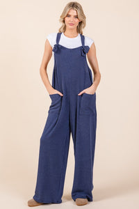 Knot Straps Wide Leg Ribbed Overalls with Pockets in Navy