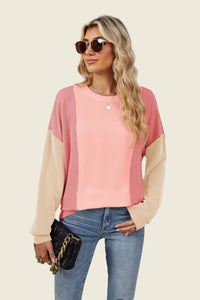 Texture Contrast Round Neck Long Sleeve Top (multiple color options)