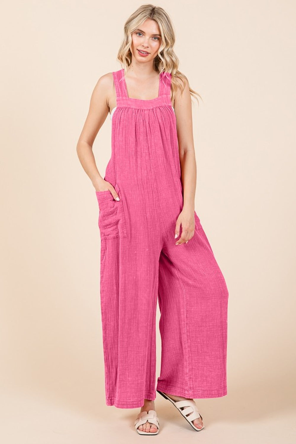 Pocketed Sleeveless Wide Leg Overalls