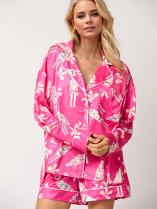 Printed Collared Neck Long Sleeve Top and Shorts Pajama Set (multiple color options)