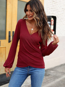 Waffle Knit Surplice Long Sleeve Top (multiple color options)