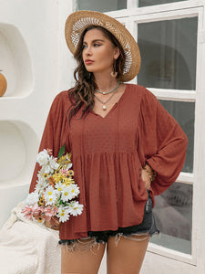 Swiss Dot Tie Neck Long Sleeve Blouse in Rust