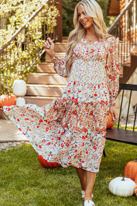 Printed V-Neck Lantern Sleeve Midi Dress