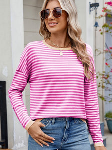 Striped Contrast Round Neck Long Sleeve Sweater (multiple color options)